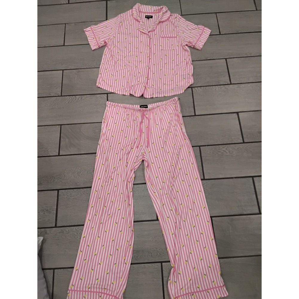 Room Service Pink White Striped Lemon Print Pajama Set XL Short Sleeve Pants